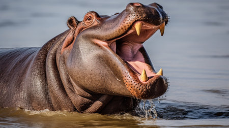 Angry hippo (Hippopotamus amphibius), hippo with a wide open mouth displaying dominanceの素材