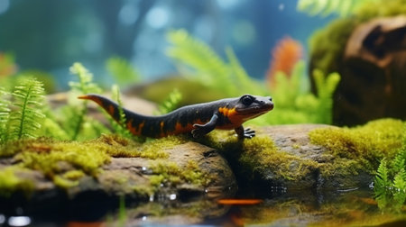 Alpine newt (Ichthyosaura alpestris) colorful male aquatic amphibian swimming in freshwater habitatの素材