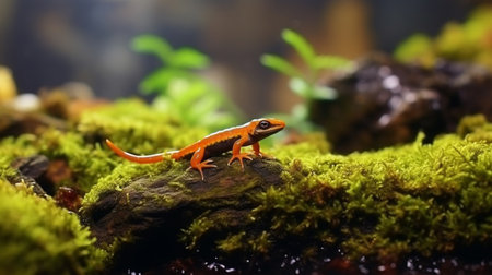 Alpine newt (Ichthyosaura alpestris) side view on moss and rocks in natural mountain environamentの素材