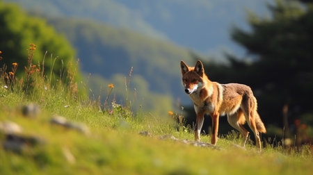 Bulgaria wildlife, Balkan in Europe. Golden jackal, Canis aureus, feeding scene on meadowの素材