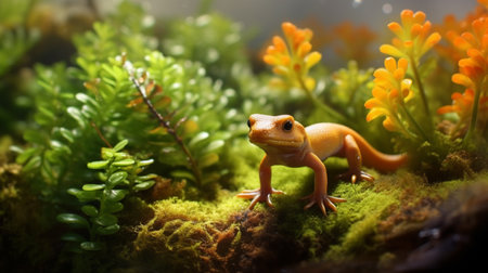 Colorful picture of Triturus vulgaris or smooth newt walking over plants with entire animalの素材