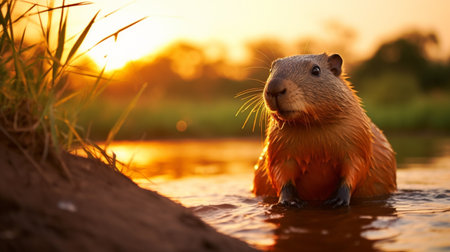 Capybara, Hydrochoerus hydrochaeris, Biggest mouse near the water with evening light during sunsetの素材