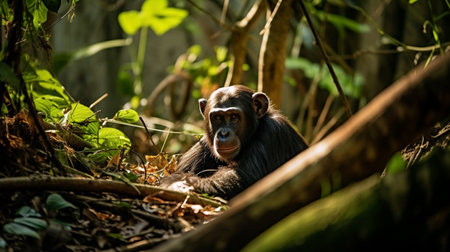 Chimpanzee in the forest. Chimp in the protected Kibale forestの素材