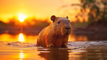 Capybara, Hydrochoerus hydrochaeris, Biggest mouse near the water with evening light during sunsetの素材