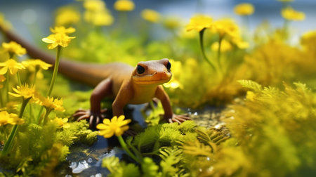 Colorful picture of Triturus vulgaris or smooth newt walking over plants with entire animalの素材