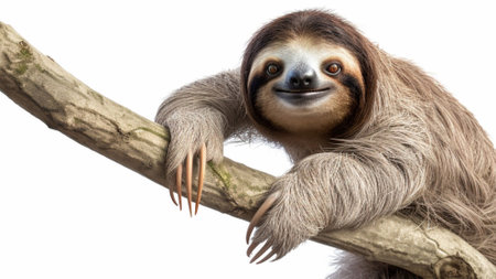 Cute two-toed sloth hanging on tree branch isolated on white backgroundの素材