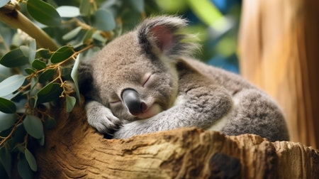 Cute Sleeping Baby Koala Bear in Queensland Australia sitting in Eucalyptus Treeの素材