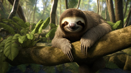 Common Sloth on jungle. A happy sloth hanging from a tree in Costa Ricaの素材
