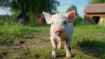 cutie and funny young pig is standing on the green grass. Happy piglet on the meadowの素材