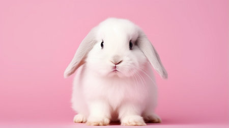 Front view of white cute baby holland lop rabbit standing on pink background. Lovely young rabbitの素材