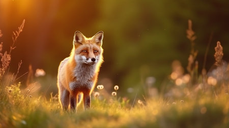 Fox sunset, orange evening light. Orange fur coat animal in the nature habitat. Fox on green forestの素材