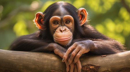 Frontal Portrait of a Young Chimpanzee Relaxing on a Tree Branchの素材