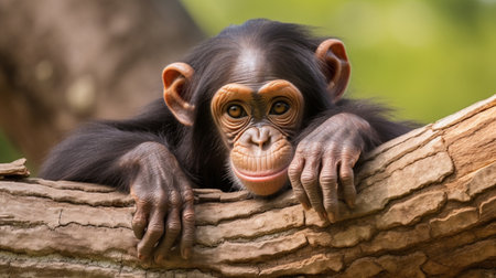 Frontal Portrait of a Young Chimpanzee Relaxing on a Tree Branchの素材