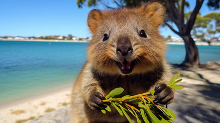Happy quokka holding leaves from rottnest island in perth. Quokka is enjoying a swing and happyの素材