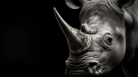 Highly alerted rhinoceros, black and white, monochrome portraitの素材