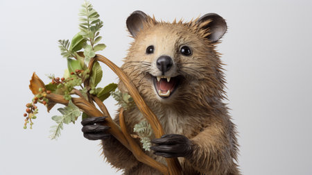 Happy quokka holding leaves from rottnest island in perth. Quokka is enjoying a swing and happyの素材