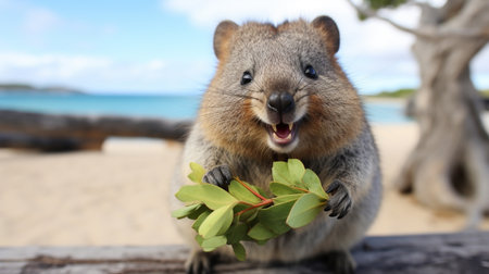 Happy quokka holding leaves from rottnest island in perth. Quokka is enjoying a swing and happyの素材