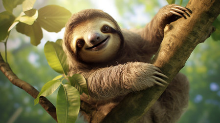Happy sloth hanging on the treeの素材