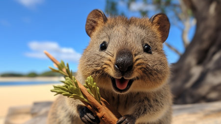 Happy quokka holding leaves from rottnest island in perth. Quokka is enjoying a swing and happyの素材