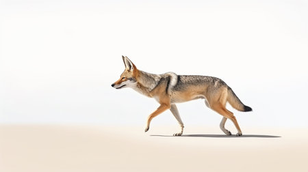 Isolated on white background, Black Backed Jackal, Canis Mesomelas walking on the sand duneの素材