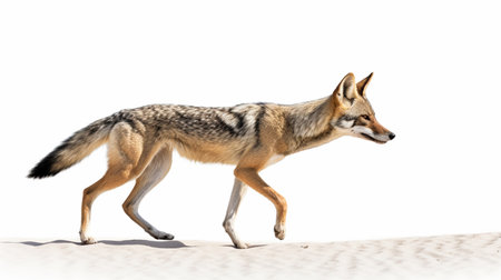 Isolated on white background, Black Backed Jackal, Canis Mesomelas walking on the sand duneの素材