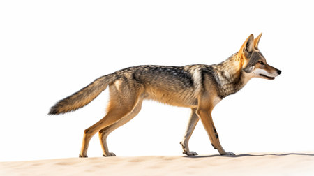 Isolated on white background, Black Backed Jackal, Canis Mesomelas walking on the sand duneの素材