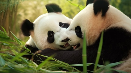 Mother Panda and her baby Panda are Snuggling and eating bamboo in the morning, in a zooの素材