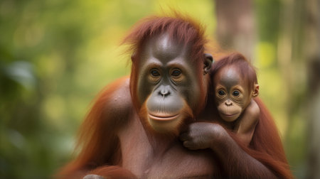 Mother orangutan (orang-utan) with funny cute baby on hers neck in theirs natural environmentの素材