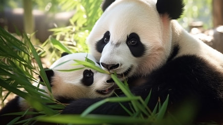 Mother Panda and her baby Panda are Snuggling and eating bamboo in the morning, in a zooの素材