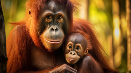 Mother orangutan (orang-utan) with funny cute baby on hers neck in theirs natural environmentの素材