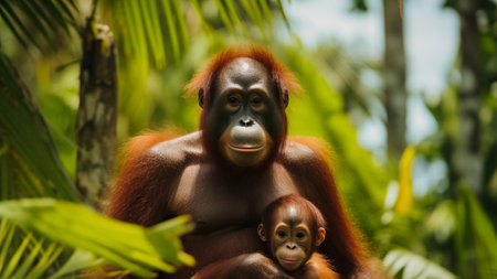 Mother orangutan (orang-utan) with funny cute baby on hers neck in theirs natural environmentの素材