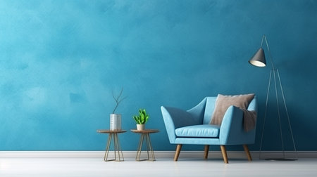 Modern living room interior design and blue wall texture backgroundの素材