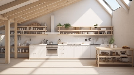 Side view of black built-in oven and beige sink in modern kitchen interior designの素材