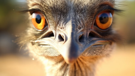 Ostrich head closeup outdoors. Head of ostrich. Beak of ostrich. Portrait of ostrich headの素材