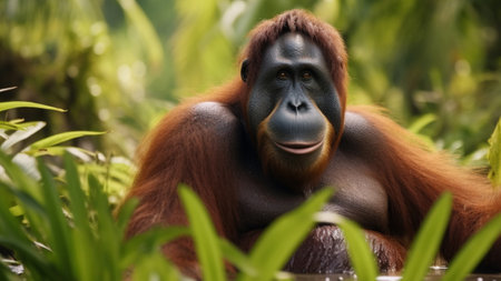 Bornean orangutan on the tree under rain in the wild nature. Central Bornean orangutanの素材