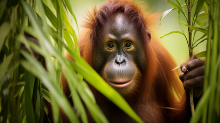 Bornean orangutan on the tree under rain in the wild nature. Central Bornean orangutanの素材