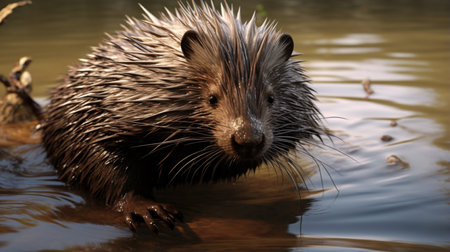 Cute North American Porcupine Erethizon dorsatum in waterの素材