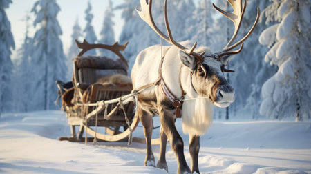 Portrait of a reindeer with massive antlers pulling sleigh in snowの素材