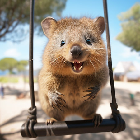 Quokka is enjoying a swing and being so happy, Rottnest islandの素材