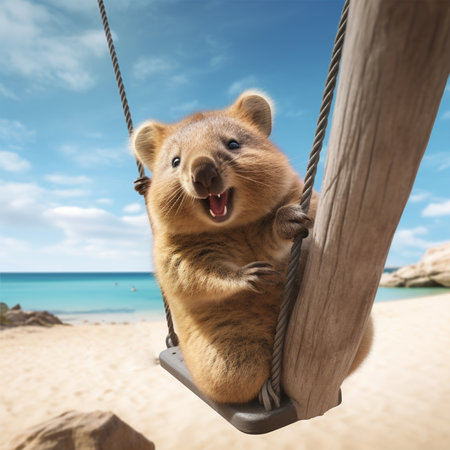 Quokka is enjoying a swing and being so happy, Rottnest islandの素材