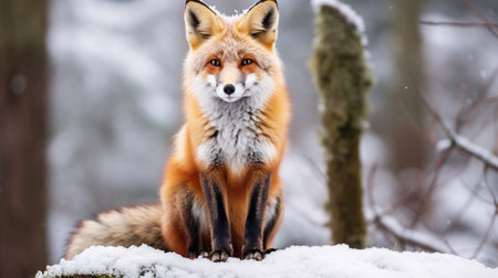 Red Fox - Vulpes vulpes, sitting up at attention, direct eye contact, a little snow in its faceの素材