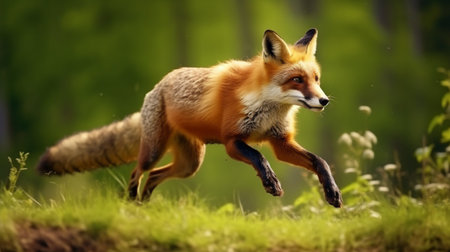 Red Fox jump hunting, Vulpes vulpes, wildlife scene from Europe. Orange fur coat animalの素材