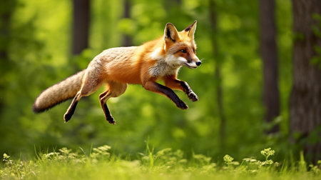 Red Fox jump hunting, Vulpes vulpes, wildlife scene from Europe. Orange fur coat animalの素材