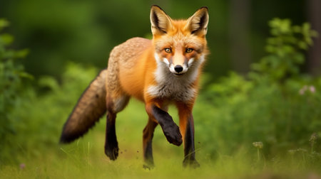 Red Fox jump hunting, Vulpes vulpes, wildlife scene from Europe. Orange fur coat animalの素材