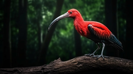 Scarlet ibis on tree trunk over dark forest backgroundの素材