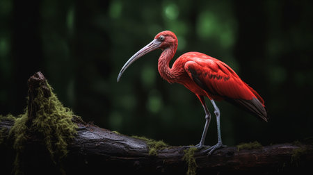Scarlet ibis on tree trunk over dark forest backgroundの素材