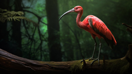 Scarlet ibis on tree trunk over dark forest backgroundの素材
