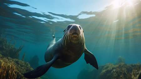 Sea lion swimming underwater. A beautiful sea lion seal enjoying the rays of the sunの素材