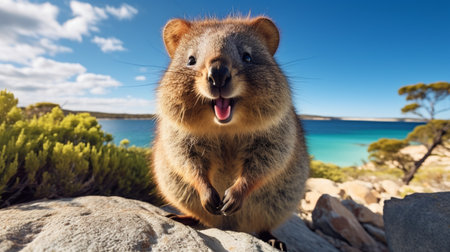 Smiling quokka posing for the camera. Quokka the happiest animal on Earthの素材