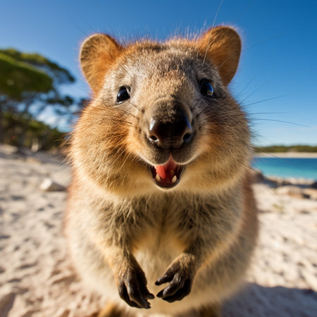 Smiling quokka posing for the camera on the beach. Quokka the happiest animal on Earthの素材